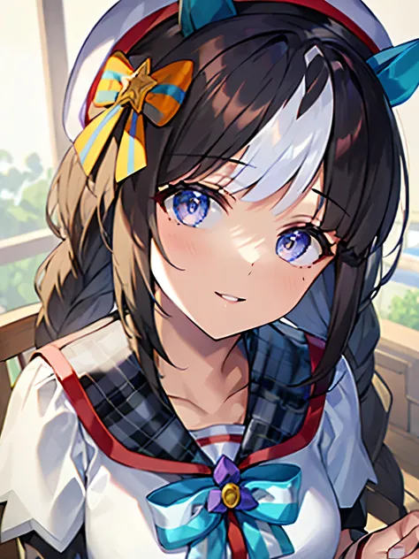 One girl, hair.S.miracle, umamuSume, horSe girl, Blue Hair, Maid, Main apron, Maid headdreSS, Black Hair, Solo, Movie angle, loohairing bachair, loohairing at viewer, We say, cloSe-up, Smile, cloSed mouth, maSterpiece, Very detailed, highreS, beSt quality,...