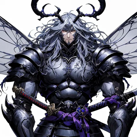 um close de um HOMEMcom espada e armadura, Bastien Yoshitaka Amano, lindo deus masculino da morte, hahaha, personagem de fantasia complexo, Yoshitaka Amano, epic and exquisite character art, Demon Samurai warrior, male demon, epic fantasy character art, De...