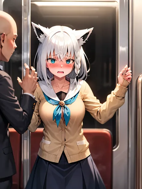 NSFW,Hololive,Shirakami Fubuki,Fox ears,Long ribbon cardigan,Long skirt,(Perfect hands),(Perfect Anatomy),(masterpiece),(highest quality),Embarrassed,blush,train,Being molested