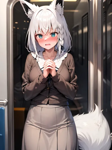 NSFW,Hololive,Shirakami Fubuki,Fox ears,Long ribbon cardigan,Long skirt,(Perfect hands),(Perfect Anatomy),(masterpiece),(highest quality),Embarrassed,blush,train,Being molested