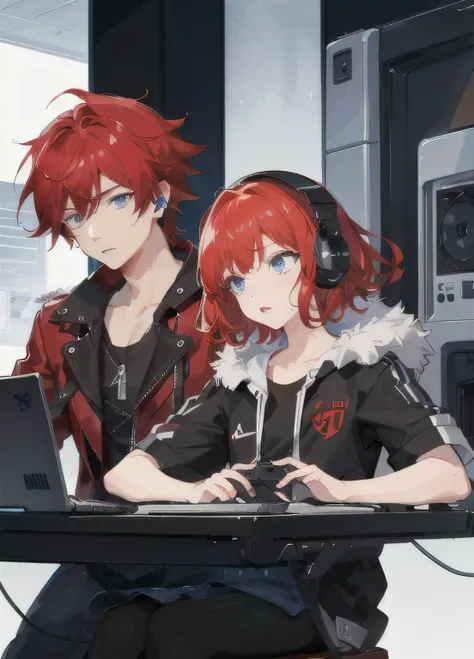 red hair　short hair　perm　drooping eyes　blue eyes　Handsome guy　boy　headphones　gaming　computer