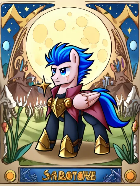 my little pony,old pegasus in scars and armor, male,bow and arrows, wand, moon, green and blue mane, pink coat color, moderate b...