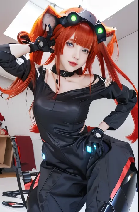 girl with red hair and black catsuits posing in a room,  catgirl, holo is a wolf girl, cute  catgirl, asuka suit under clothes!, fully robotic!! catgirl, catgirl, rias gremory, cat girl, attractive cat girl, holo if a wolf girl, beautiful catgirl, at pixiv