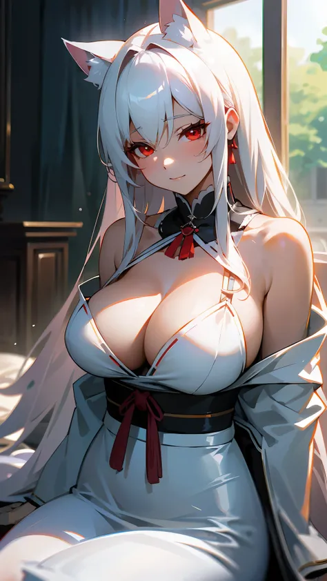 In a realm of unparalleled visual fidelity、Experience 8K masterpieces in the highest resolution and ultra-high definition detail。In a calm morning room、A beautiful woman wearing an off-the-shoulder shrine maiden costume that reveals her cleavage is sitting...