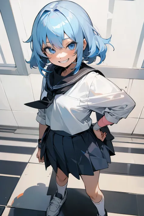 a cute anime girl standing , 1girl, solo, blue eyes, , socks, looking at viewer,((Roguish grin)) , toddler((skirt)), white socks