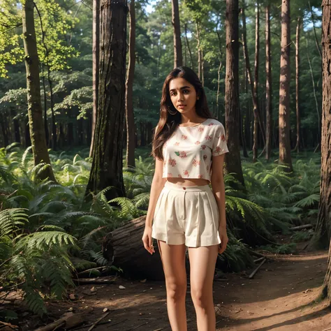 Creat  a image of kaira advani actress background forests and kaira is on very short clothes