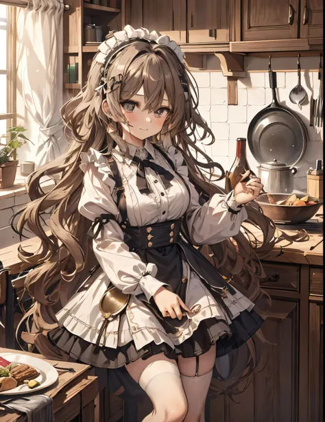 masterpiece, 1girl, sparrow, a dark haired girl, wearing a maid clothes, curly long hair, messy hair, slim body, he close her left eye, shirt ornament, ruby eyes, ahoge, baby face, bige breast, beautiful breasts, rounded breasts, long sleeves, beautiful ey...