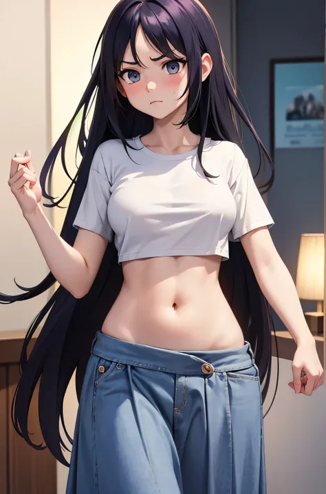 super fine illustration, vibrant colors, masterpiece, sharp focus, best quality, depth of field, cinematic lighting, ultra detailed, short sleeves, t shirt, straight long skirt, belly button, midriff, hips, 1 woman, home, solo, milf, long hair, slender, bl...