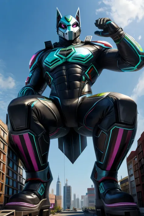 (full body), a mexican cyber-hero with spandex cyber-suit, mask on, macro towering over city