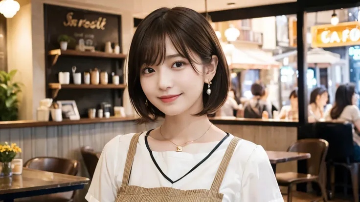 super high quality, Short Hair, Slender, Gravure photoshoot, The staff is working at the counter in the back., (8k、RAW Photos、highest quality、masterpiece:1.2), Japanese Idol, Shaggy, Stylish café, The cafe is crowded with people enjoying themselves., (Real...