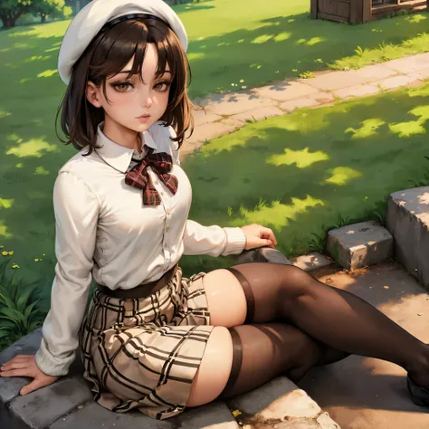 beautiful illustration, best quality, cute girl, (outside a small town)), sunlight illumination, short brown hair, ((white blous...