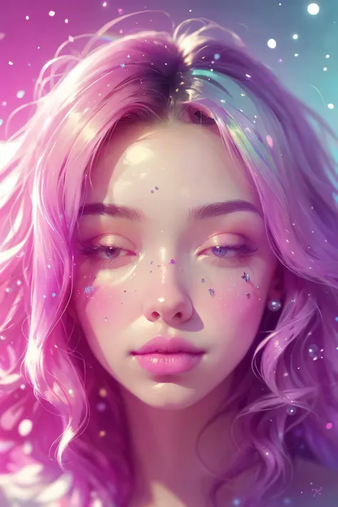 (This is a beautiful rainbow fantasy image that feels interesting and emphasizes glitter and iridescence.) Generate a ((blind)) curvy woman with colorful curly hair and milky white eyes. Her face is important and is perfectly formed with puffy lips and per...