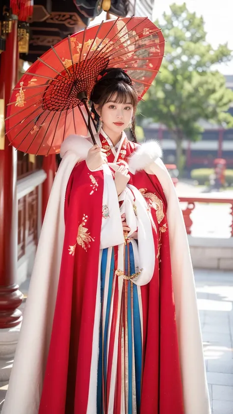(masterpiece,best quality:1.5), 1 girl, (Chinese:1.2), Cowboy shooting,(Normal height:1.2), Winter hanfu, Cloak, (Jin Hanfu), (Holding an oil-paper umbrella:1.1),