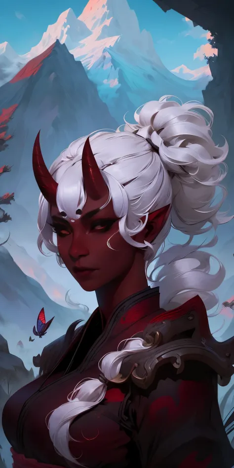 1 girl, (((oni girl))), (((red skin))), horns, white hair, ponytail, (((adventurer outfit))), explorer, researcher, fascinated e...