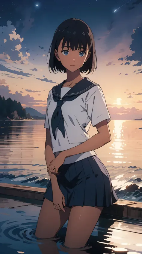 {{kofune mio}}, {summertime render}, blue eyes, black short hair, Calm expression,A faint blush, medium breasts, dark skin, dark-skinned female, white serafuku, short sleeves, black neckerchief, white sailor collar black pleated skirt,1girl, solo,very aest...