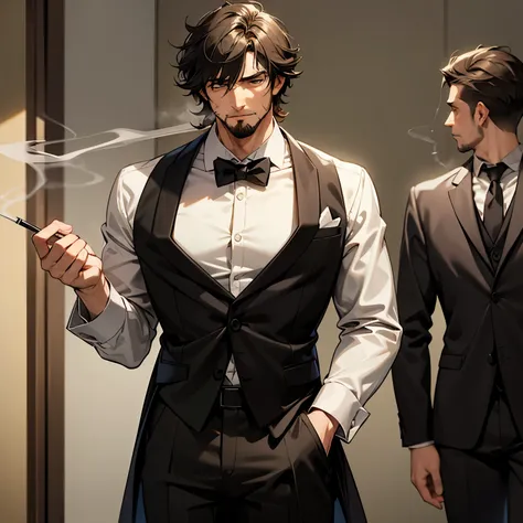 1man, adult, mature, tired eyes, green eyes, messy hair, long layers cut, dark hair, muscular body, board shoulders, big, small waist, facial hair, formal clothes. Calm chill, smoking. 