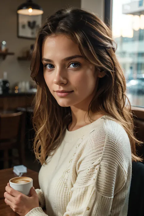 Beautiful blonde in a black sweater (Drinking coffee in a modern cafe at sunset), Very detailed, 21 years old, Innocent face, Naturally Wavy Hair, blue eyes, High resolution, masterpiece, highest quality, Intricate details, Very detailedな, Sharp focus, Det...