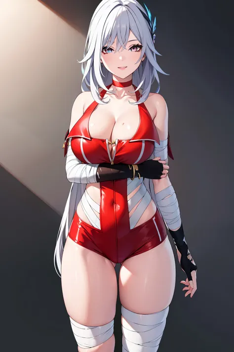 SkirkGI, red eyes, long hair, white hair, blue hair, hair ornament,
BREAK ((red choker,bandaged arm, bandaged leg, bandages, bracelet, chest sarashi,cleavage, collarbone, fingerless gloves:1.5))
BREAK indoors, standing, looking at viewer, smile, dynamic po...