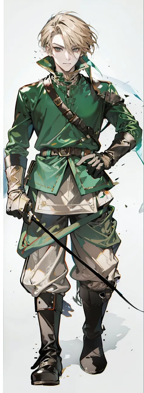 (Link:1)(Warrior:1), (adult man:1.33), standing, full body, leather combat boots, beige pants,(dark gloves:1.3) , (narrow eyebrows:0.33), (confident:1.4), (smiling:0.4), (clenching fists:0.33), scarf, holding riding crop,male,confident,strong,tall, from_be...