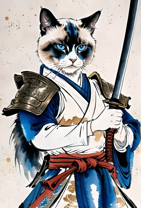 (a white and blue samurai armor, holding a katana)(masterpiece:1.2),high quality,ink painting, siamese cat,solo,sharp focus,ultra-detailed,detailed eyes,realistic,physically-based rendering,vivid colors,bokeh,studio lighting