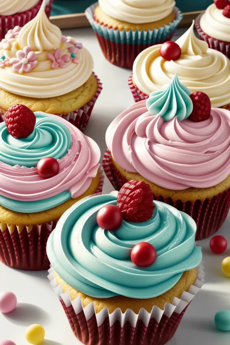 generate enchanted cupcakes in the style of laura rester. this delectable image includes sugary delights and whimsical wonders a...