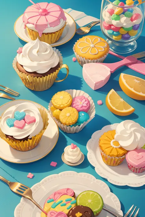 generate enchanted cupcakes in the style of laura rester. this delectable image includes sugary delights and whimsical wonders a...