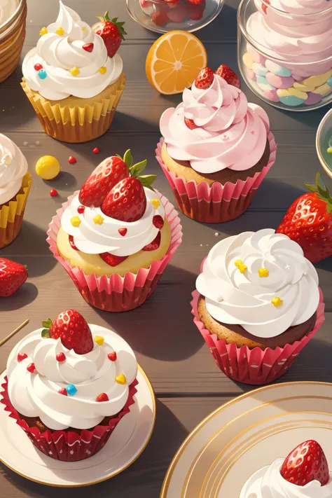 generate enchanted cupcakes in the style of laura rester. this delectable image includes sugary delights and whimsical wonders a...