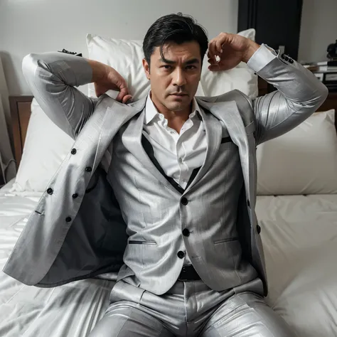 30 years old,daddy,"shiny grey suit ", wear white shirt,  very shiny grey pants, very shiny grey waistcoat, Dad was drunk and lie down on the bed,k hd,in the office,"big muscle", gay ,black hair,asia face,masculine,strong man,the boss is,handsome,,leather ...