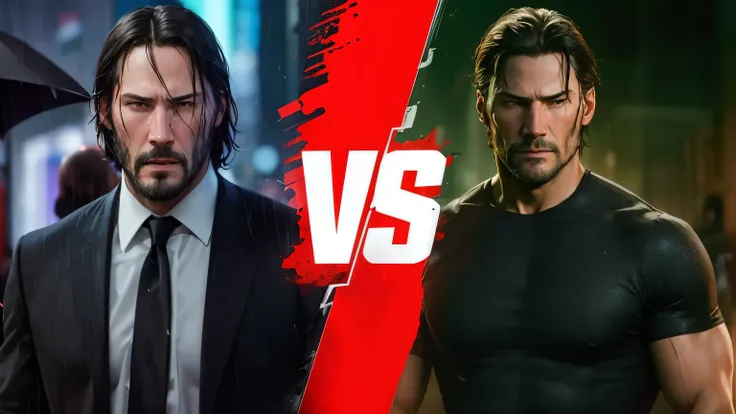 "A fight poster with Keanu Reeves as John Wick and Jason Statham. John Wick is wearing a suit and is standing in the rain. Jason Statham is wearing a black t-shirt and is standing in front of a green background. Both actors have a serious expression on the...