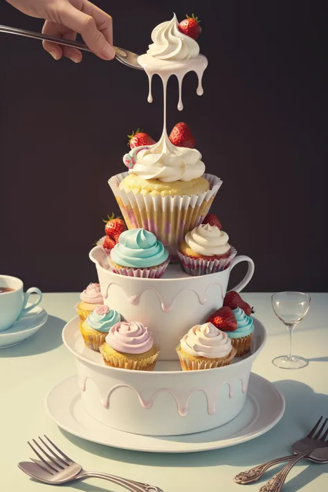 generate enchanted cupcakes in the style of laura rester. this delectable image includes sugary delights and whimsical wonders a...