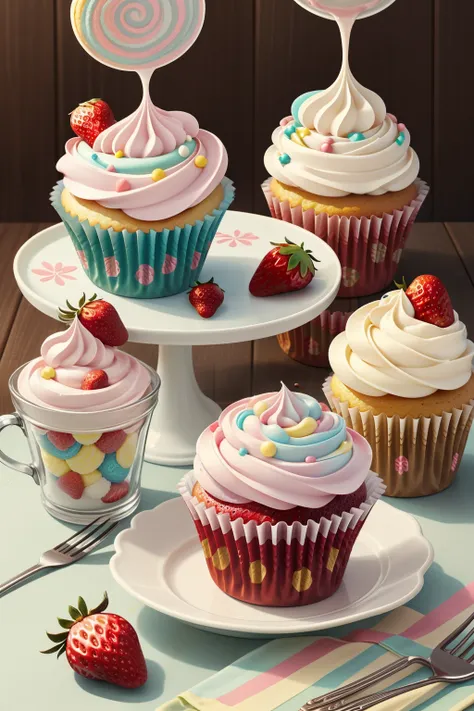 generate enchanted cupcakes in the style of laura rester. this delectable image includes sugary delights and whimsical wonders a...