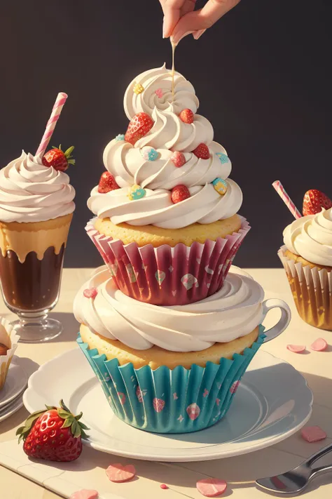 generate enchanted cupcakes in the style of laura rester. this delectable image includes sugary delights and whimsical wonders a...