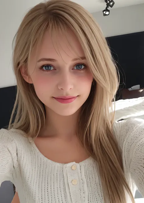 beautiful young woman taking a selfie, taken with iphone camera、swedish beauty