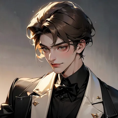 a billionaire man, 25 years old, wearing black tuxedo, cool skin tone, masculine face and masculine body, extremely rich, siren eyes, light brown eyes, upturned nose, smirk, ball room background, wolf cut hairstyle, brunette colour hair 