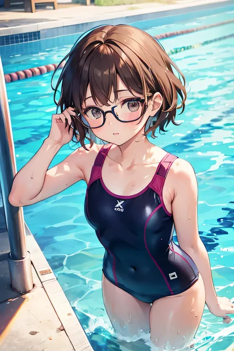 girl, short brown hair, glasses, swimming class,swimsuit