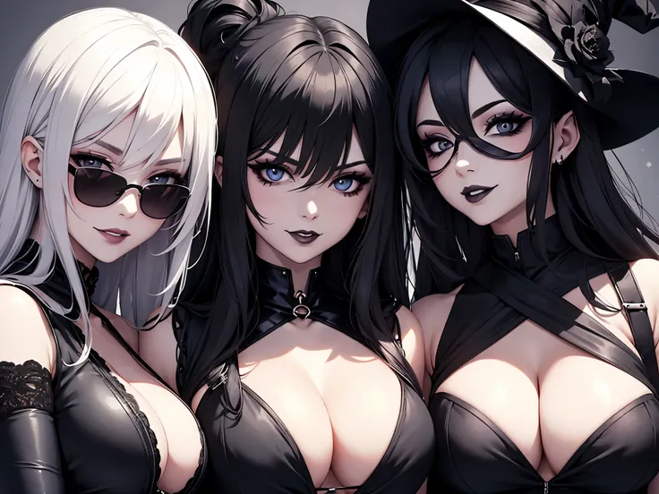 three sexy women in goth outfits, looking at camera, flustered smiles, close up faces portrait, sunglasses, black lipstick, various hair