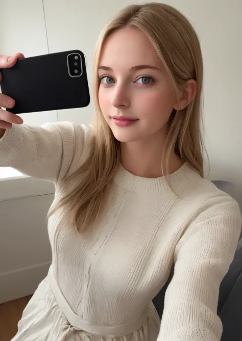 Beautiful young woman taking a selfie, Taken with iPhone camera、Swedish Beauty