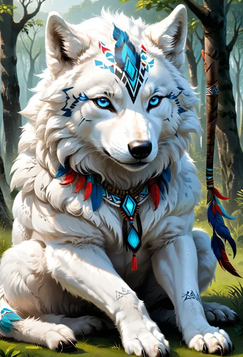 A pure white wolf sitting on the grass，There is primitive tribal makeup on the face，male，Deep blue eyes，Colorful big tail