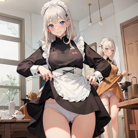 highest quality、masterpiece、((2 women))、((smile:1.3))、(blush:1.3)、Black Shirt、blouse、((fun!!))、(Small breasts)、()、Blonde、(Long sleeve)、((White apron:1.5))、((Maid))、((hair ornaments)),、Kamimei、look at me、 ((in house:1.5))、 Taking a break from watching the a...