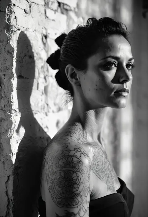 shadow of Venetian blinds projected on the face, (stern look),(bare shoulders), (monochrome), (portrait), (closeup), cinematic film, 45 year old woman leaning at white primed old rough wall of an italian house with few brown bricks partially exposed, ((sma...