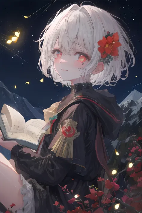 UHD, ccurate, anatomically correct, textured skin, super detail, high details, high quality, award winning, highres, masterpiece, best quality, A white-haired girl sitting on the edge of the mountain was looking up at the night sky full of stars holding a ...