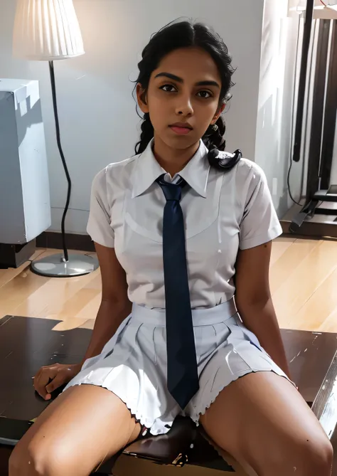 raw photo , 1 girl  ,wearing white frock and color tie, white shoes ,sri lanka teen school girl, with plait, big breasts,((sprea...