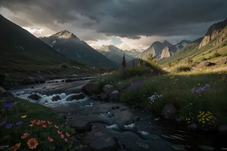 the stream has water flowing.. various flowers behind the mountain the evening sun was warm.. the atmosphere is relaxed and appr...