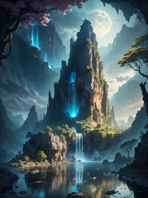 there is a large waterfall in the middle of a mountain, old town, epic matte painting of an island, the the lost city of atlanti...