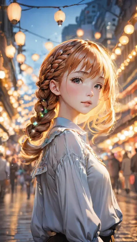 highest quality, Realistic, 1people々Girl, woman,(Skin dents), Center of chest, (bright), (Professional Lighting, Bokeh), (street), people々々, crowd, Braided bangs, (blouse:1.5), (I wore it:0.8), Nice, bloom, Floating Hair, (Dynamic pose:0.6) , Soft lighting...