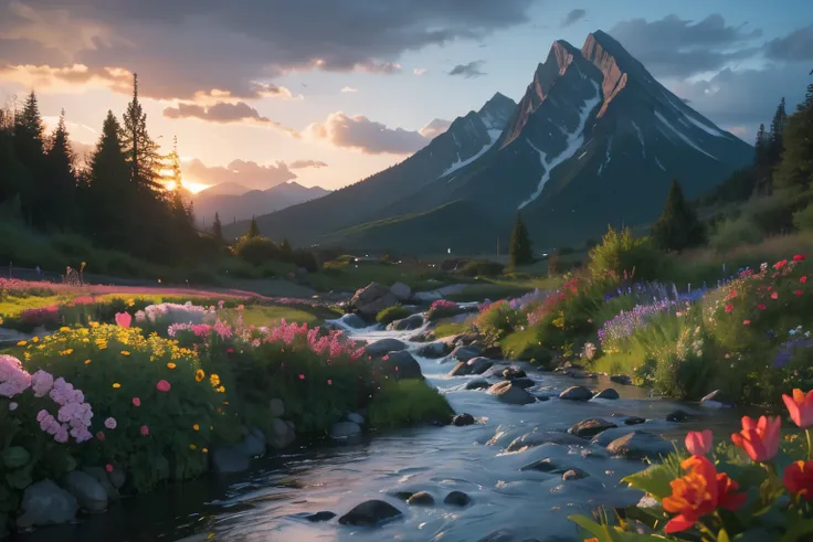 the stream has water flowing.. various flowers behind the mountain the evening sun was warm.. the atmosphere is relaxed and appr...