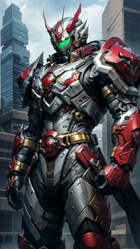 A man wearing a full-face helmet, a fantasy-style biotech armored combat suit, green eyes, (a composite layered chest armor), fully enclosed shoulder guards, matching arm and leg guards, the belt is adorned with dragon claw grasping orbs, (the color scheme...