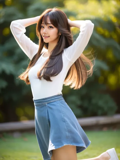 masterpiece, highest quality, Best image quality、Looking at the camera, slightly long straight hair style, Strike a pose for the camera, Jumping and Posing, A faithful reproduction of LoRA&#39;s face, Outdoor, sunny day, sunlight,Wearing a long-sleeved shi...