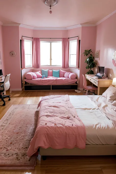 Describe the bedroom with pink walls, a red bed in the center, a window, a kitty sofa next to it, and a study table with a laptop on the other side. Provide a detailed description of the room, including the arrangement of furniture, the ambiance created by...