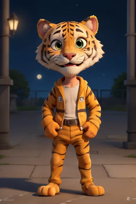 Crée moi un Personnage tigre dessin animé avec une tête énervé animé qui court de prison en sévadant dans la nuit 
